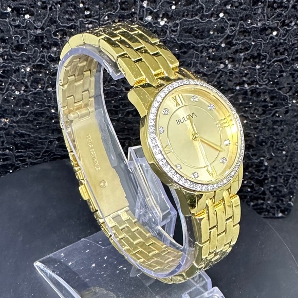 Women's (NWOT) Gold Bulova Watch with Crystal Bezel, Gold Face, and Diamonds - Picture 3 of 3